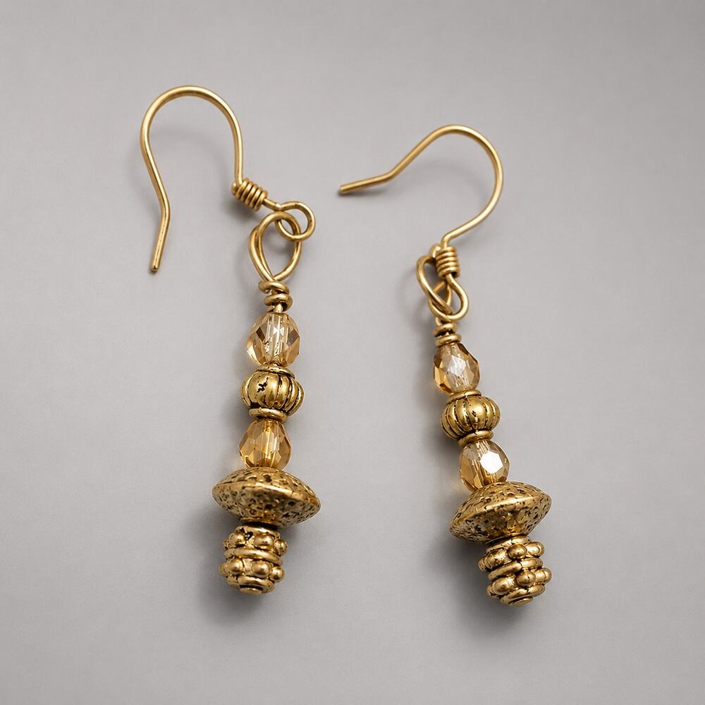 Vintage Pierced Dangle Earrings, Silver Glass Ornate Beads 1.75" Long Hooks bp-‎